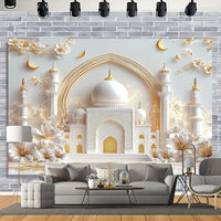 1pc Ramadan Mosque Polyester Backdrop, 3D Islamic Design Banner for Wedding, Birthday, Graduation, General Celebrations, Easy Hang, No Electricity Needed, Ideal for Outdoor BBQs & Pool Parties