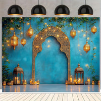 1pc Elegant Blue Moroccan Nights Backdrop - Durable Polyester with Intricate Middle Eastern Design, Ideal for Weddings, Travel & Events - Featuring Lanterns, Candles & Festive Decor