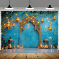 1pc Elegant Blue Moroccan Nights Backdrop - Durable Polyester with Intricate Middle Eastern Design, Ideal for Weddings, Travel & Events - Featuring Lanterns, Candles & Festive Decor