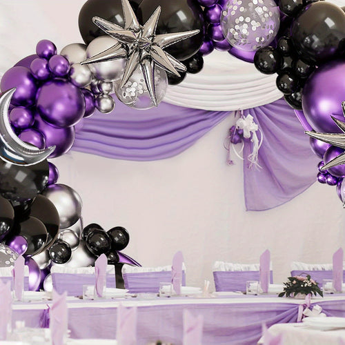 Purple & Black Metal Balloon Arch Kit, Silver Sequin & Latex Balloons - 154pcs