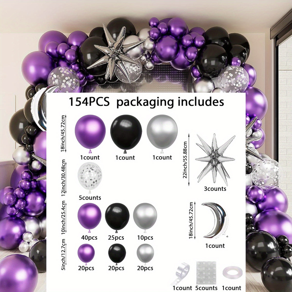 Purple & Black Metal Balloon Arch Kit, Silver Sequin & Latex Balloons - 154pcs