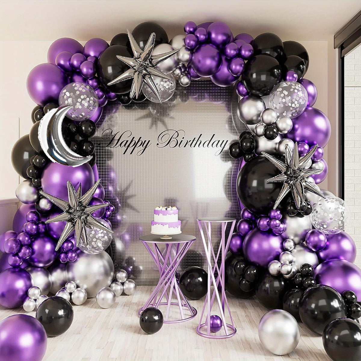 Purple & Black Metal Balloon Arch Kit, Silver Sequin & Latex Balloons - 154pcs