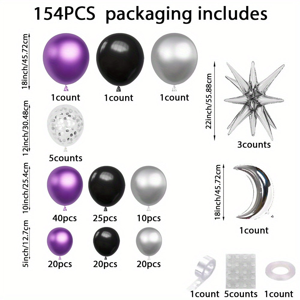 Purple & Black Metal Balloon Arch Kit, Silver Sequin & Latex Balloons - 154pcs