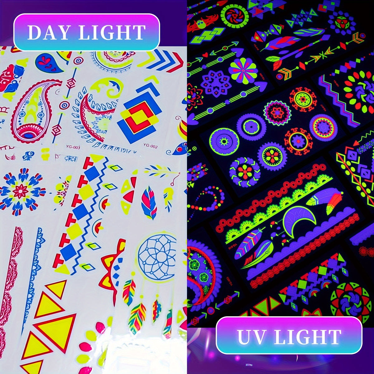 20-Pack Neon UV Light Temporary Tattoos, Fluorescent Glow in the Dark Stickers, Waterproof Oblong Shape, Party Accessories for Holiday Celebrations