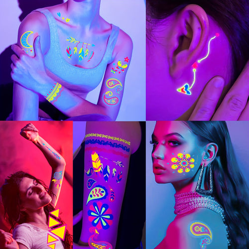 20-Pack Neon UV Light Temporary Tattoos, Fluorescent Glow in the Dark Stickers, Waterproof Oblong Shape, Party Accessories for Holiday Celebrations
