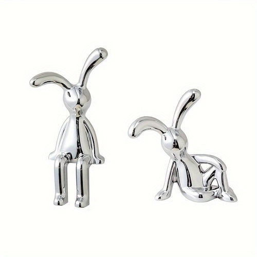 Set Of 2 Nordic Style Creative Rabbit Ornaments, Silver-Plated Rabbit Statue Desktop Decoration, Creative Desktop Craft, A Gift For A Friend