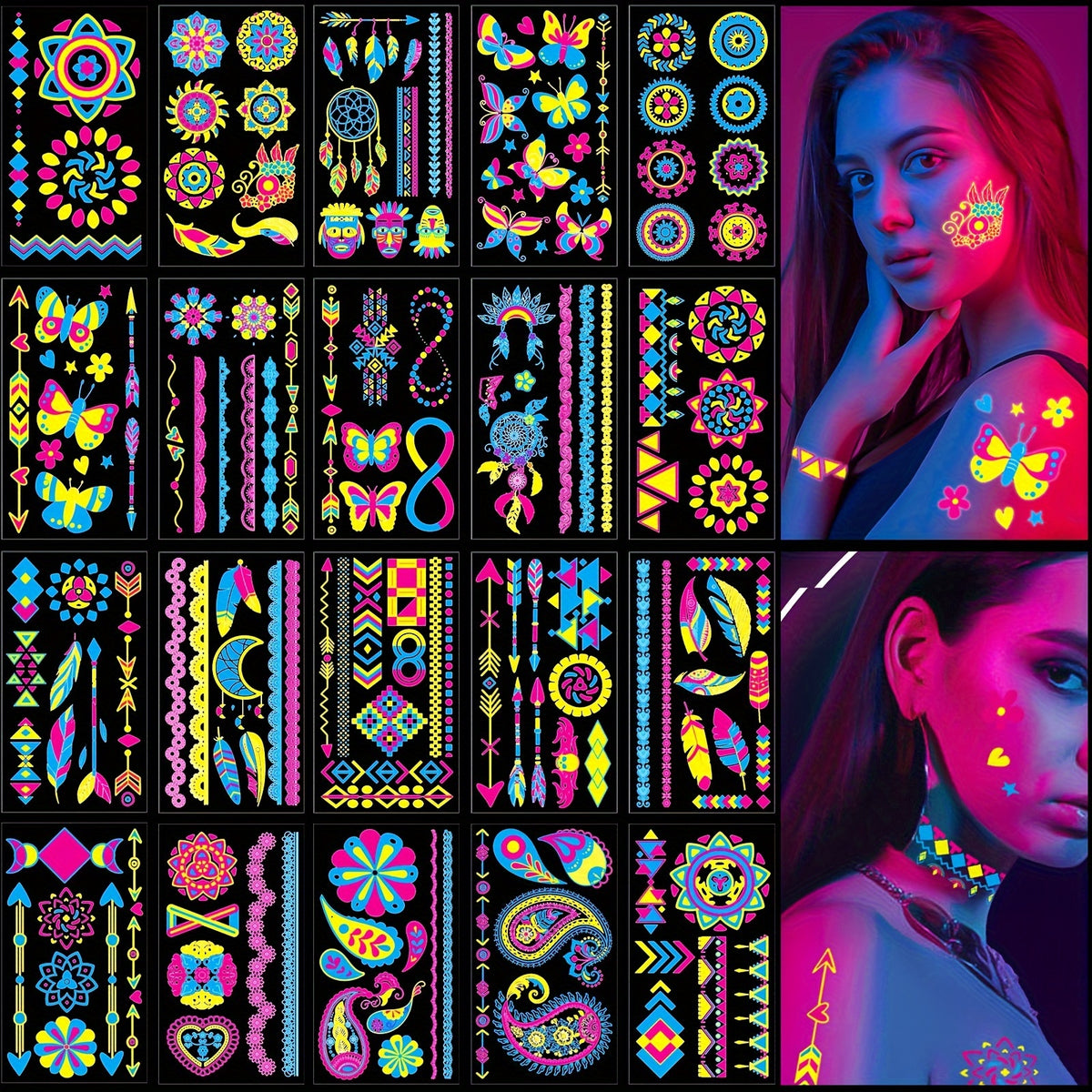 20-Pack Neon UV Light Temporary Tattoos, Fluorescent Glow in the Dark Stickers, Waterproof Oblong Shape, Party Accessories for Holiday Celebrations