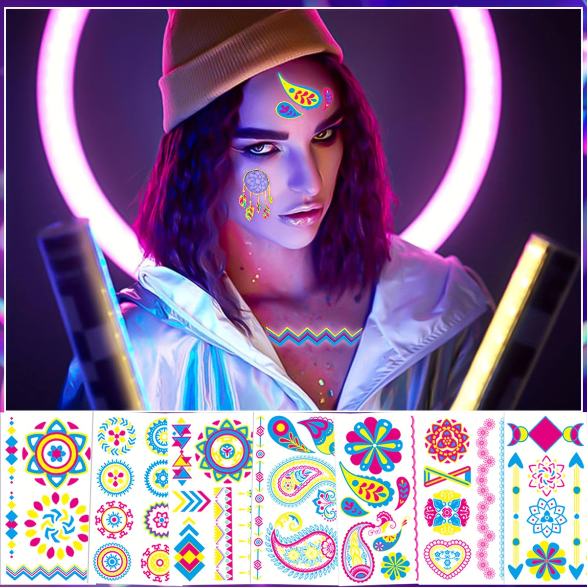 20-Pack Neon UV Light Temporary Tattoos, Fluorescent Glow in the Dark Stickers, Waterproof Oblong Shape, Party Accessories for Holiday Celebrations